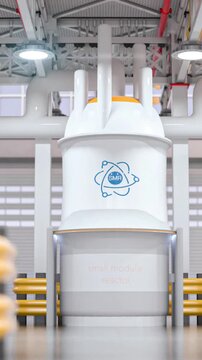 concept of a SMR small modular nuclear reactor power plant on a sunny day. SMR is a future energy concept. 3d rendering. Vertical Video