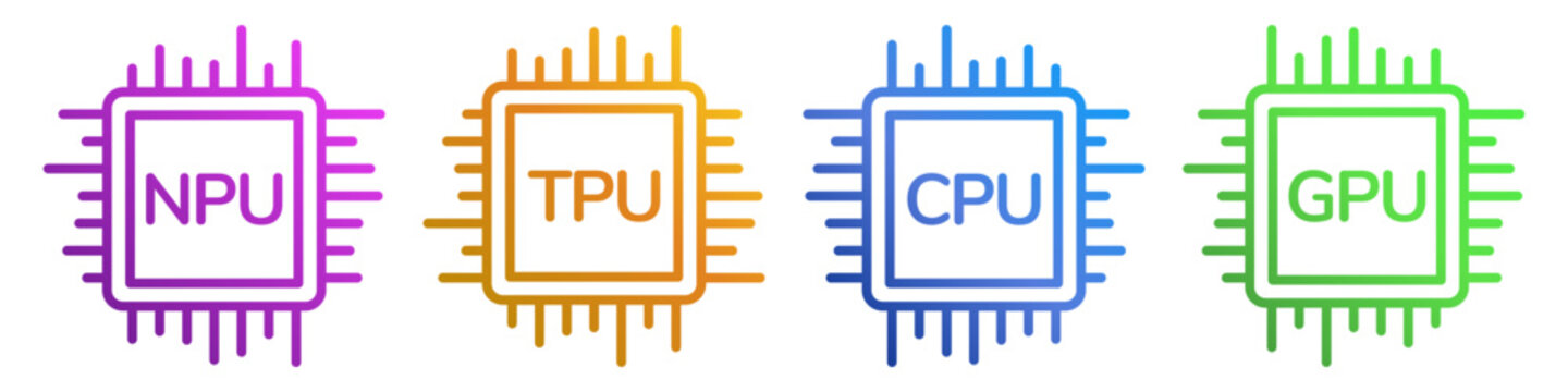 Vibrant gradient line art illustrations of computer processor chips with internal labels for NPU TPU CPU and GPU