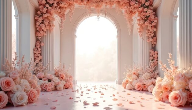 Elegant wedding ceremony aisle with abundant pink roses, floral arrangements. Soft petals scatter on floor. White columns frame arched entrance with bright light. Romantic celebration decor creates
