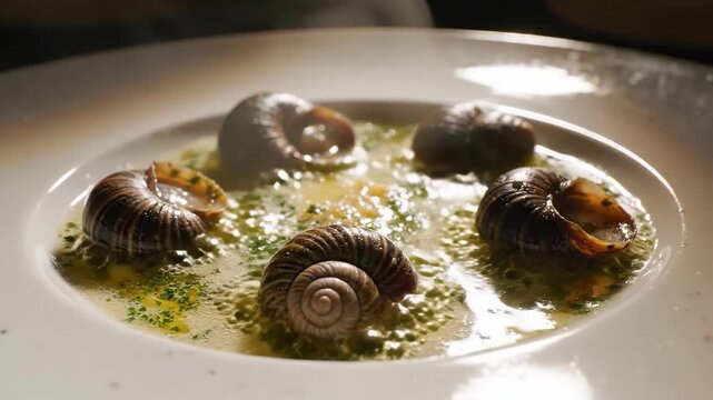 Close-up of a plate of escargots in garlic butter sauce, a classic French appetizer, served in a restaurant setting.