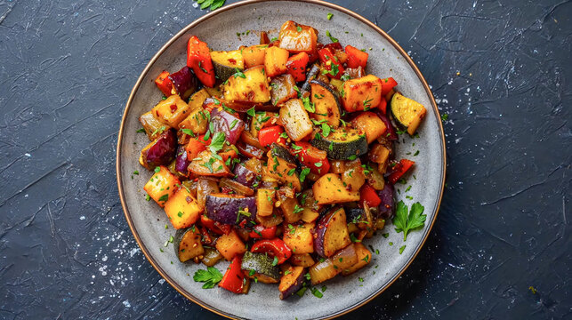 Roasted Mediterranean vegetables featuring eggplant, zucchini, and bell peppers with fresh herbs. Top-down view on a rustic dark background. Vibrant, healthy vegan food photography for stock use.