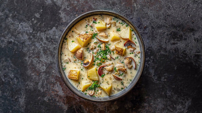 Creamy clam chowder with chunky potatoes and fresh herbs in a dark bowl. Overhead view on a rustic stone background. Rich, hearty seafood soup photography, perfect for gourmet food stock.