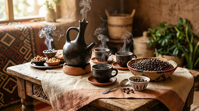 Traditional African Coffee Ceremony with Steaming Jebena Pot and Fresh Roasted Beans