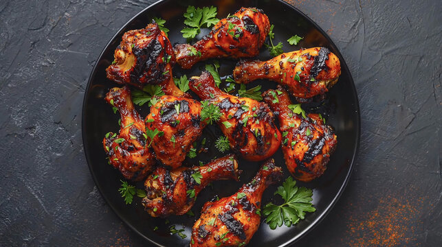 Grilled BBQ chicken drumsticks with charred glaze and fresh parsley on a black plate. Top-down food photography on a dark slate background. Ideal for restaurant menus, grilling blogs, and summer BBQ a