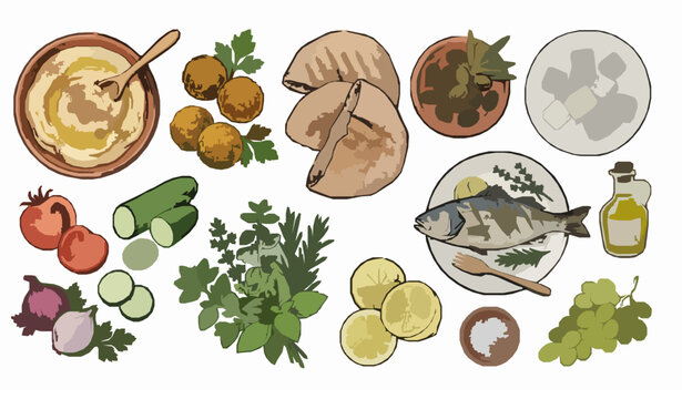 Hand drawn Mediterranean food collection vector illustration with traditional healthy cuisine items