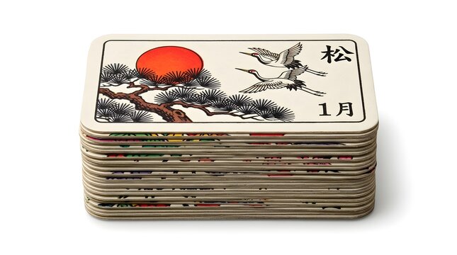 Deck of Japanese Hanafuda playing cards featuring traditional artwork of a pine tree, sun, and cranes, stacked on a white background, symbolizing tradition and art