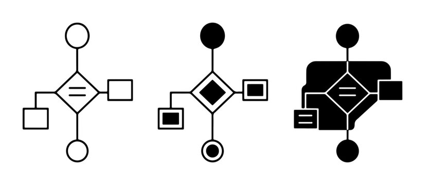 Flowchart Icons Set, Decision Tree Symbols, Process Diagram Elements, Algorithm Steps, Logic Flow Charts, Black and White Vector Graphics