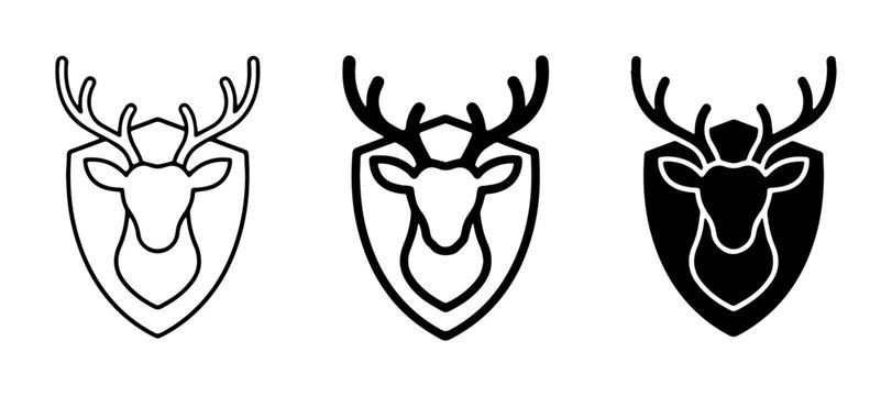 Deer Head Trophies, Hunting Emblems, Rustic Icons Set. Vector Graphics for Wildlife and Outdoor Themes.