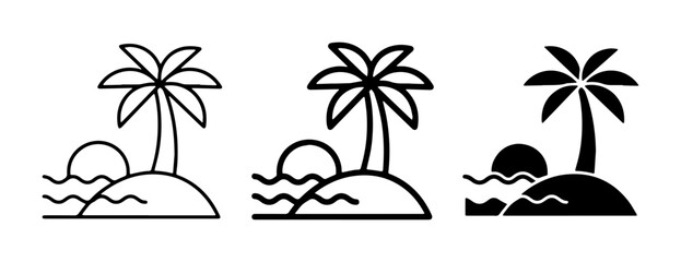 Tropical Island Icons, Palm Tree Sunset Beach Scene Graphics, Ocean Wave Silhouette Set, Minimalist Vacation Vector Art © Rayhan