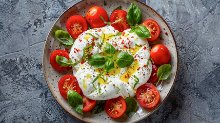 Naklejka premium Fresh burrata cheese with cherry tomatoes, basil, and olive oil on a rustic plate. Top-down food photography on a dark slate background. Perfect for Italian cuisine and healthy lifestyle content.