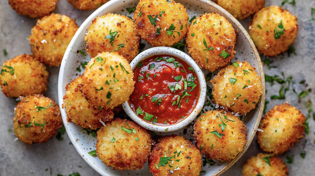Golden crispy potato croquettes or cheese balls with spicy tomato dip. Garnished with fresh herbs, top-down view. High-quality food photography ideal for appetizers, snacks, and catering menus.