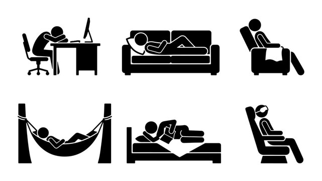 Relaxation Icons Set, Leisure Poses Collection, Resting Stick Figures, Calm Lifestyle Graphics, Sleep and Downtime Vector Symbols