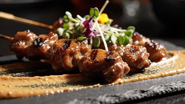 Delicious Chicken Satay Skewers with Peanut Sauce and Garnish on a Dark Plate.