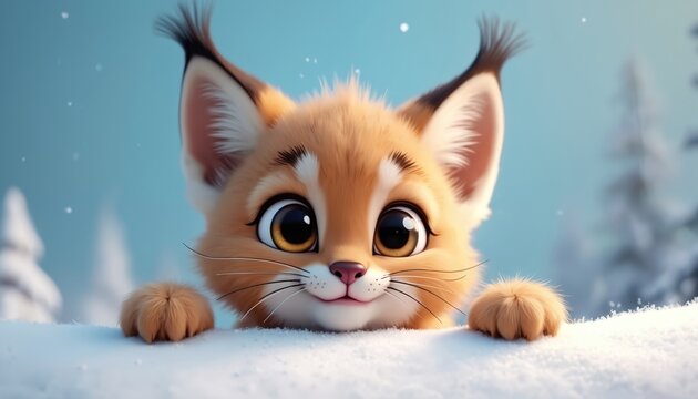 Cute cartoon lynx cub peeks from behind snowdrift. Fluffy kitten with big eyes in winter forest. Small wild cat illustration for children books.