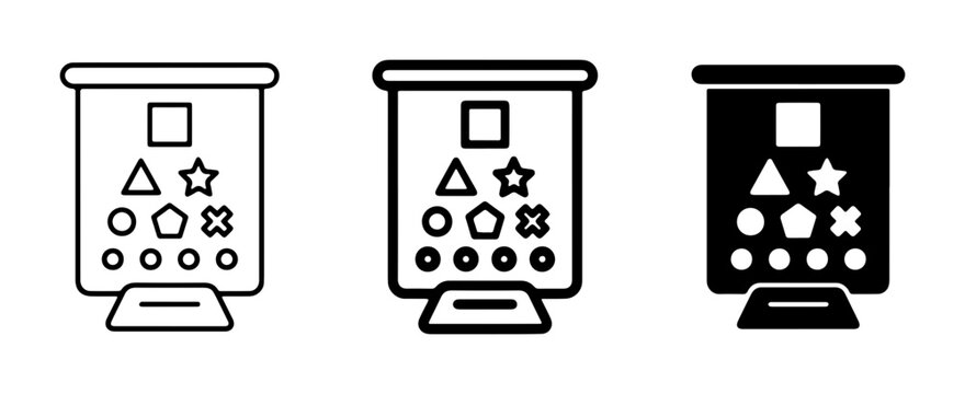 Eye Chart Icons, Vision Test Symbols, Optometry Chart Graphics. Set of 3 visual representations for eye exams, featuring geometric shapes and circles for visual acuity testing
