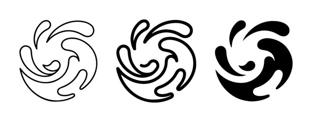 Fototapeta premium Abstract Swirl Icons, Dynamic Water Splash Graphics, Fluid Motion Symbols, Set of 3 Black and White Designs