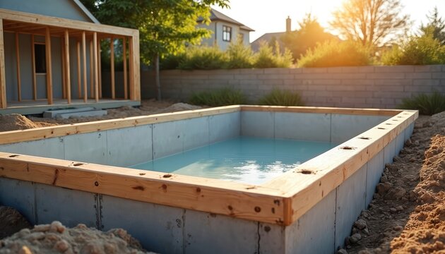 Concrete pool base fills with blue water. Wooden frame edges surround construction site. New backyard project progresses under sunny suburban sky. Future leisure space.