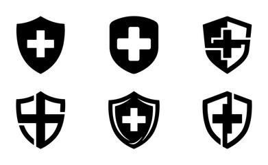 Fototapeta premium Medical Shield Icons, Healthcare Protection Symbols, Health Safety Emblems, Cross Security Badges, Vector Graphics Set