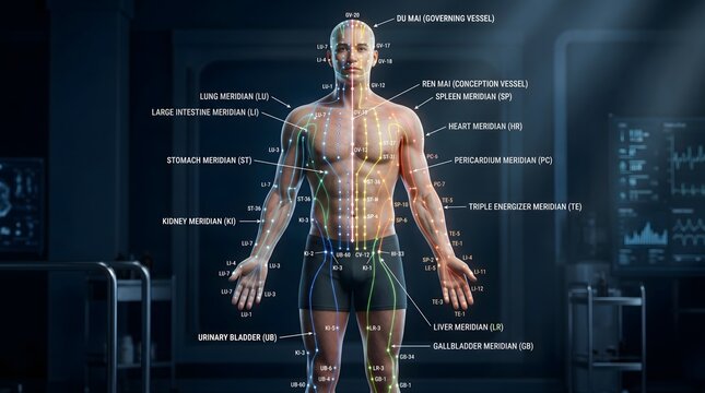 Male Body with Labeled Acupuncture Meridians Diagram