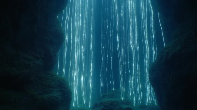 Sunlight beams filtering through deep blue water into an ocean cave