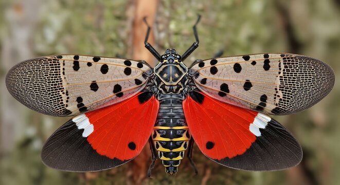 Colorful Spotted Lanternfly Displaying Open Wings on Tree Bark