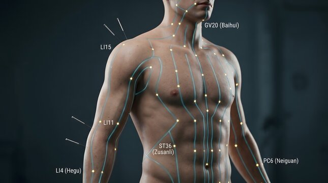 Acupuncture Points and Meridians on Male Torso with Needles