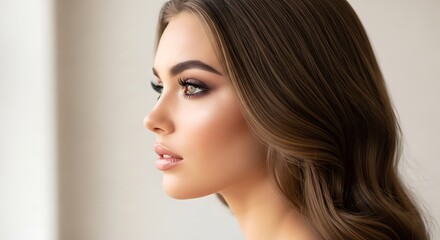 Naklejka premium Elegant Young Woman Posing in Side Profile with Soft Natural Light