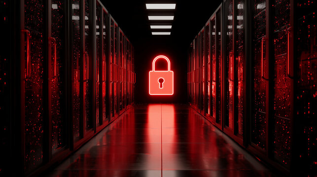 A dimly lit server room with rows of computer servers and a glowing red padlock at the end of the corridor, symbolizing data security and protection