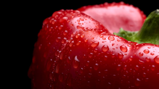 Macro shot of a vibrant red bell pepper with fresh water droplets. High-quality cinematic lighting against a black background, perfect for culinary content.