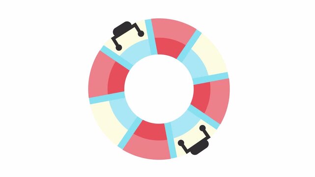 A colorful lifebuoy or pool float isolated on the alpha channel in a cartoon animation. Minimalist summer swim tube icon for vacation element concept.