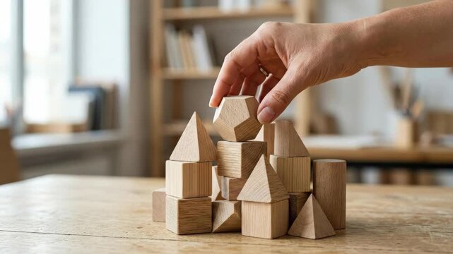 Close up of a female hand placing a polyhedron wooden block on top of a heap, balance, strategy and problem solving concept, tactile business or education metaphor, clean composition, natural skin