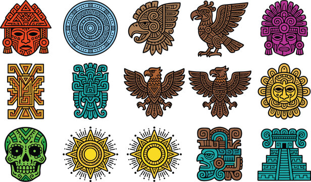 Aztec Tribal Icons Set with Animals, Suns, and Masks in Bold, Colorful Design for Cultural and Symbolic Themes