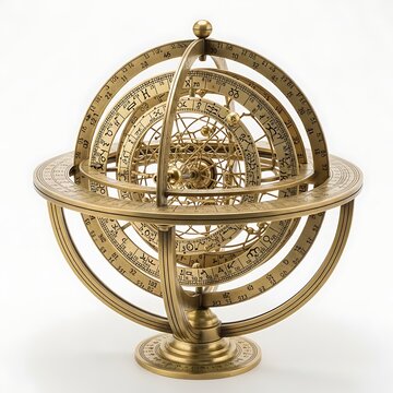 Ornate Antique Brass Armillary Sphere Standing on White Studio Background