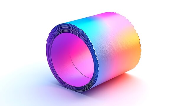 Abstract geometric cylinder shape with a vibrant gradient color spectrum, digital art rendering with pixelation effect on a clean white background, modern 3d form