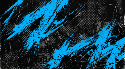 Abstract grunge black background with vivid blue paint strokes and scratched texture. © pixel*