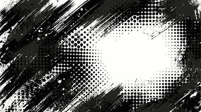 Abstract black grunge brush strokes with white halftone center.