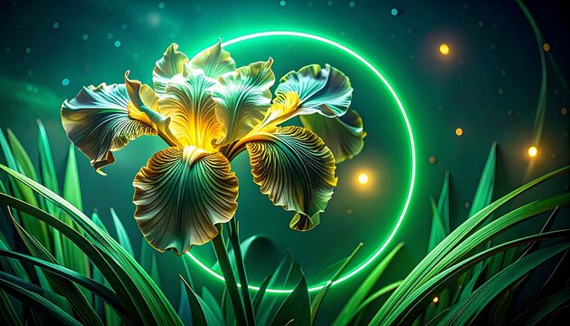 Abstract glowing iris flower, neon green circle, mystical garden, digital art, fantasy, ethereal, vibrant colors, bokeh lights