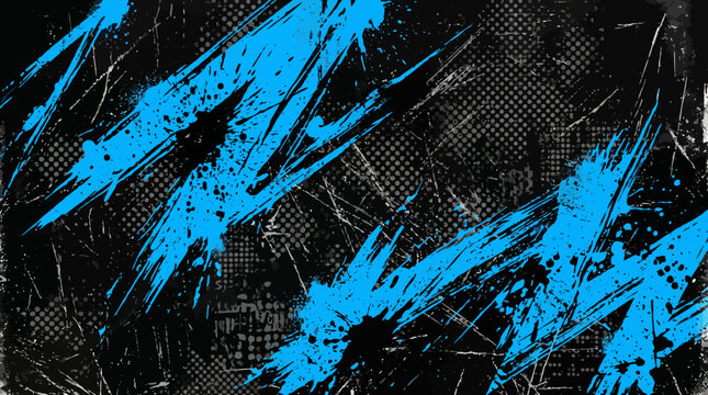 Abstract grunge black background with vivid blue paint strokes and scratched texture.
