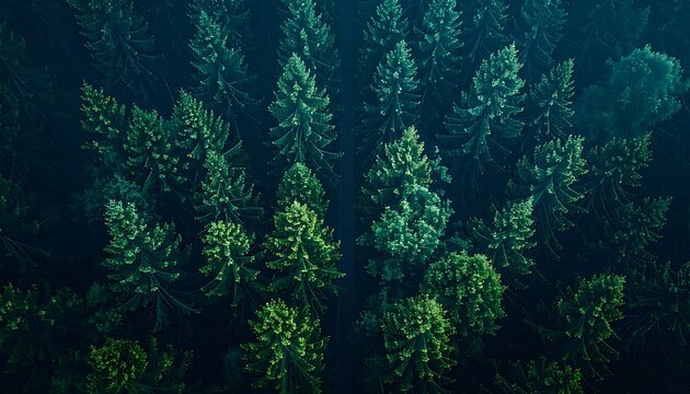 Aerial view of dense evergreen forest canopy with light filtering through trees, atmospheric and moody lighting, natural landscape