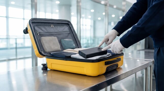 Modern airport security officer inspecting portable power bank inside suitcase