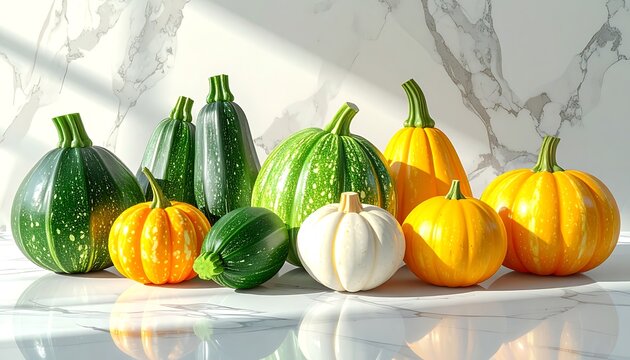 Assortment of vibrant decorative gourds and squash in various shapes and colors, set against a clean marbled background with soft natural light, perfect for autumn harvest and Thanksgiving themes