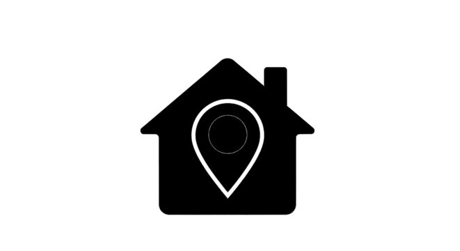 Minimal black silhouette icon, simple flat vector, bold black shape, no, no shading house location icon with map pin on a, flat icon style