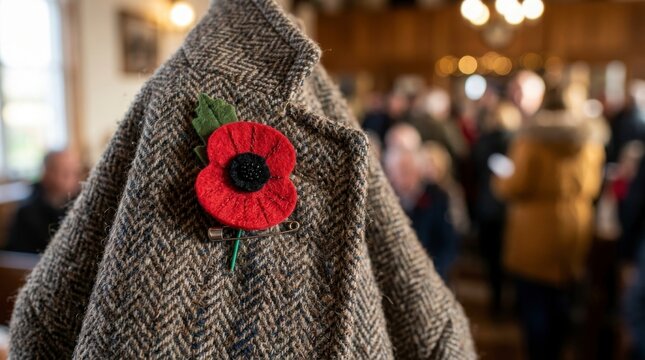 Tweed jacket with poppy brooch indoors