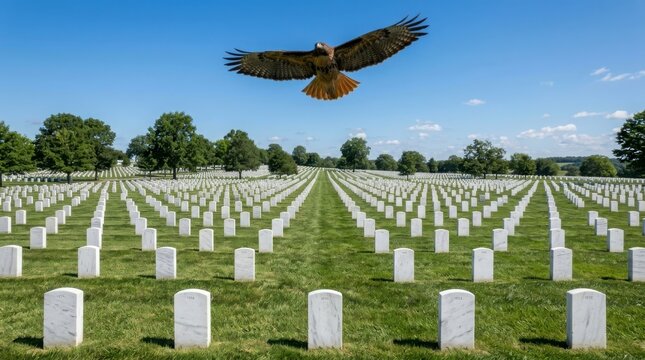 Red-tailed hawk soaring over cemetery headstones