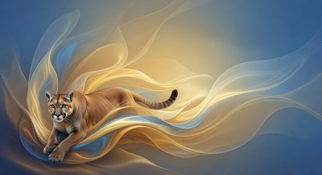Mountain lion prowling through flowing abstract silk ribbons, National Cougar Day commemorative banner, wildlife conservation awareness and educational graphic art
