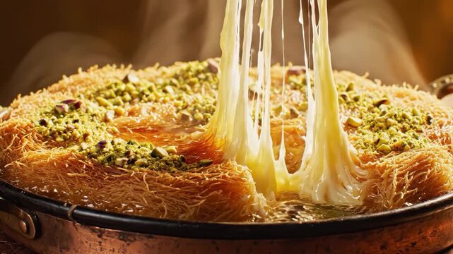 Delicious Kunafa with Melted Cheese and Pistachios, Traditional Middle Eastern Dessert.