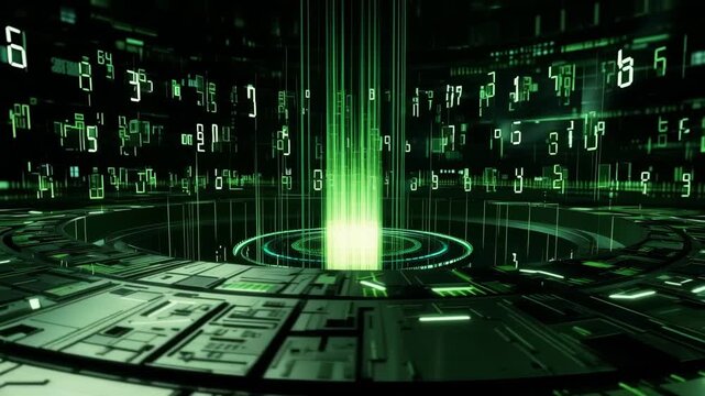Light beams emerge from a circular platform in a digital world filled with moving codes. This display focuses on technology and graphics in a unique way.