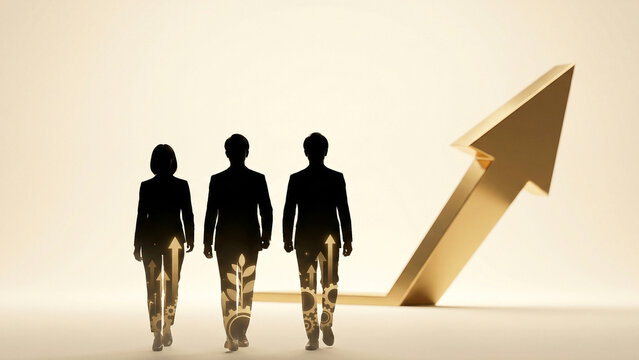 Three Japanese business team silhouettes walking forward with golden rising arrow warm cream backdrop perfect for teamwork growth recruitment branding presentation banner