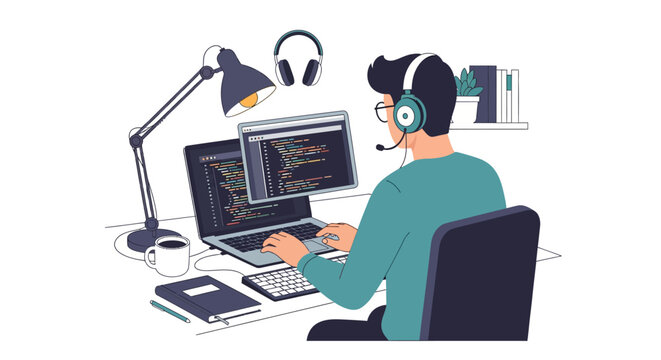 Professional software developer working on a long stream of code on a computer monitor, showing lines of programming language in a modern digital workspace for tech engineering.