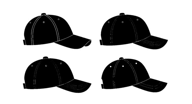 Minimal black silhouette icon, simple flat vector, bold black shape, no, no shading set of black baseball caps on a, flat icon style